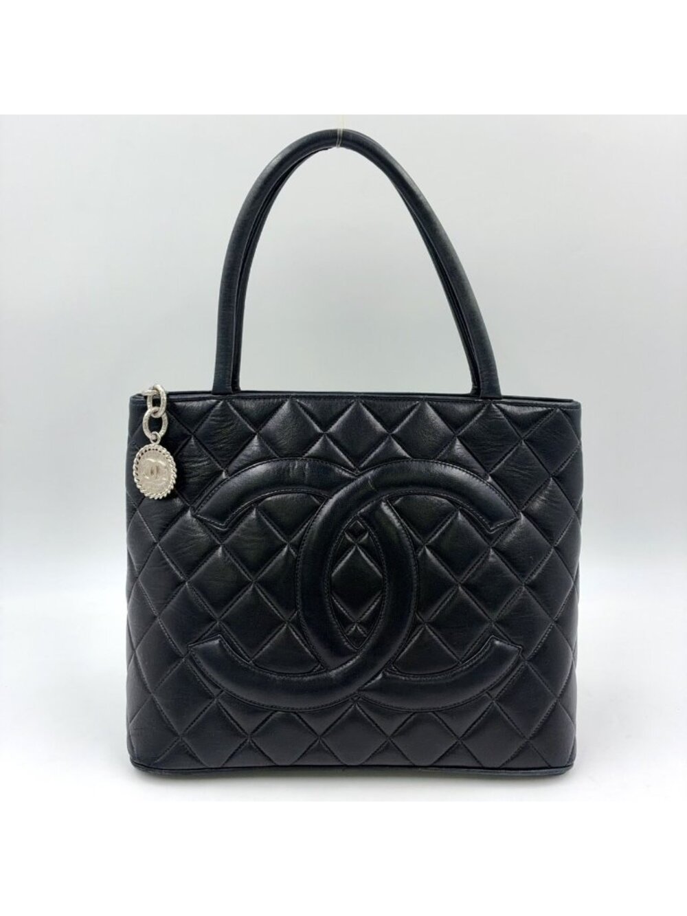 Chanel Lambskin Quilted Reprint Leather Black Tote Silver